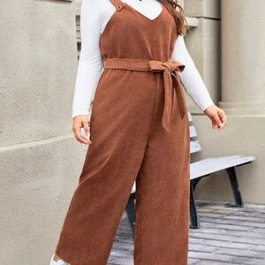 Shein Wide Leg Corduroy Belted Overall Jumpsuit Size Medium